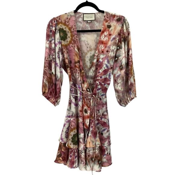 Alexis Lucine Printed Wrap Dress In Rose Tie Dye Mini Ruffled Size Medium - Picture 4 of 15
